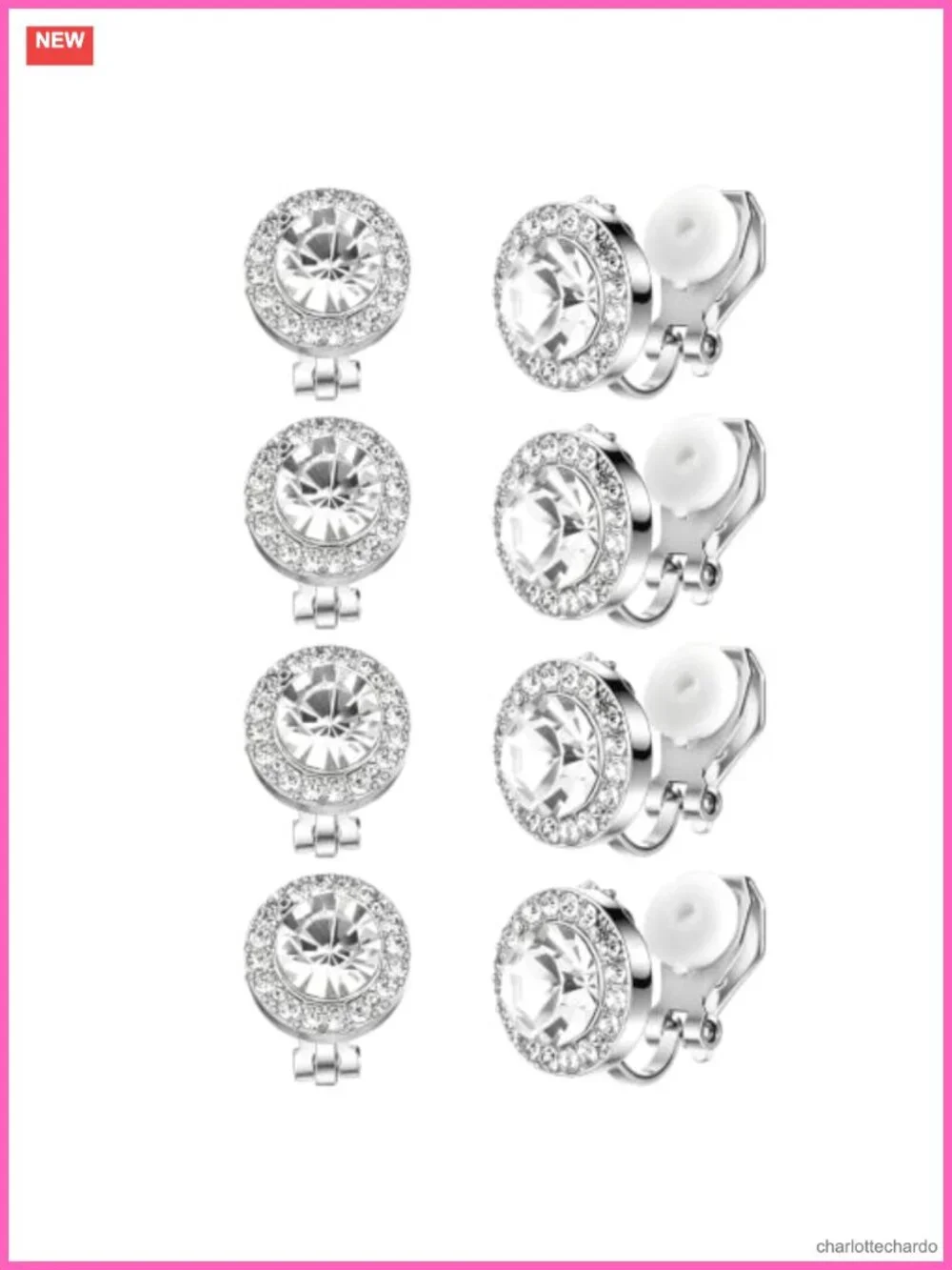 Cubic Zirconia Clip On Earrings Silver Plated Stud Set for Wedding Dance